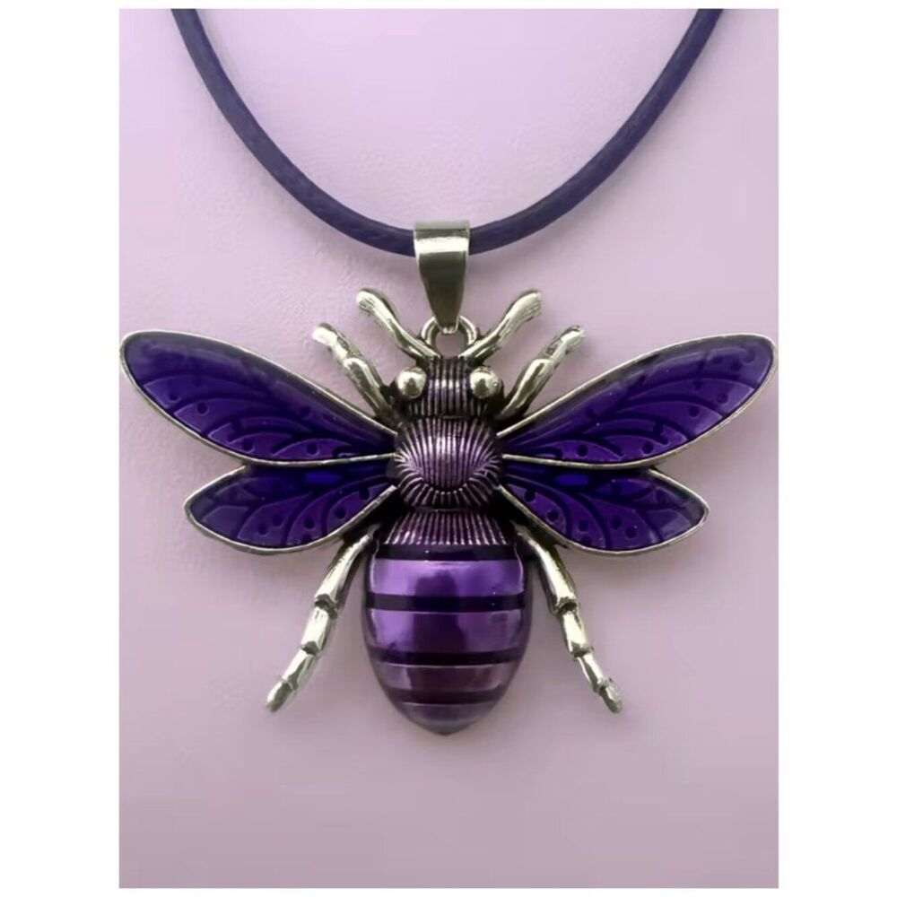 NWT Purple Enamel Bumble Bee Pendant Necklace Silver Novelty Insect Jewelry